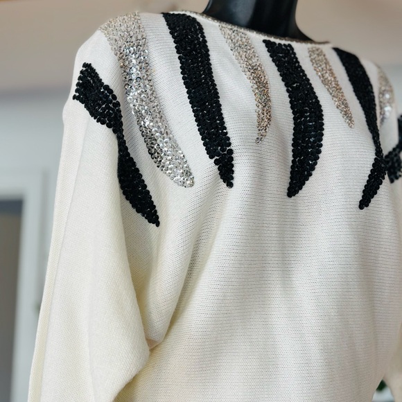 Sequin Embellished Sweater – White Knit with Black & Silver Accents - Picture 7 of 12
